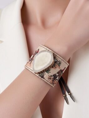 Handcrafted Cream Western Print Cuff Bracelet Natural Antler Deer Tines